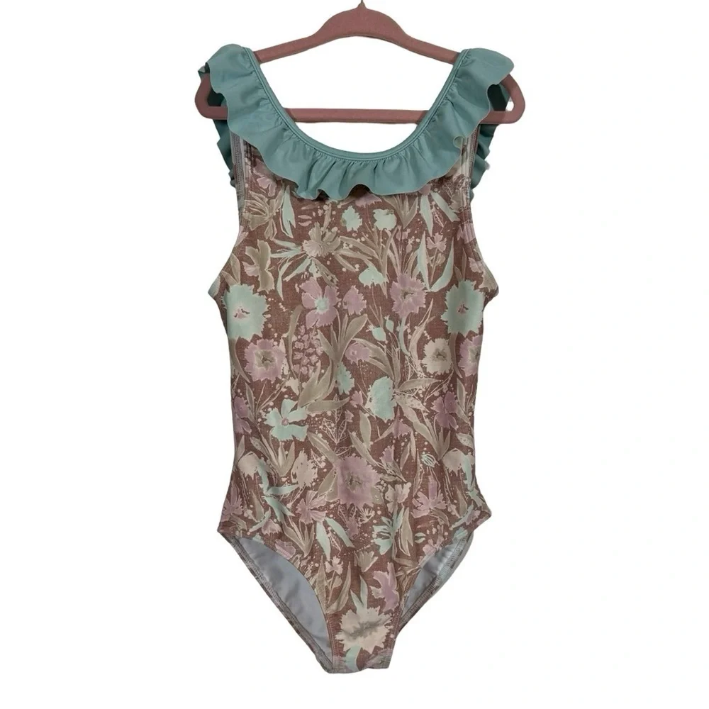 Girls Floral Ruffle One-Piece Swimsuit - Mint & Blush